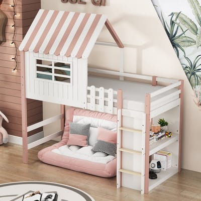Stapelbed 90x200 cm - Met Dakvorm en Veiligheidsladder - Opbergvakken en Lattenbodem - Massief Hout - Roze