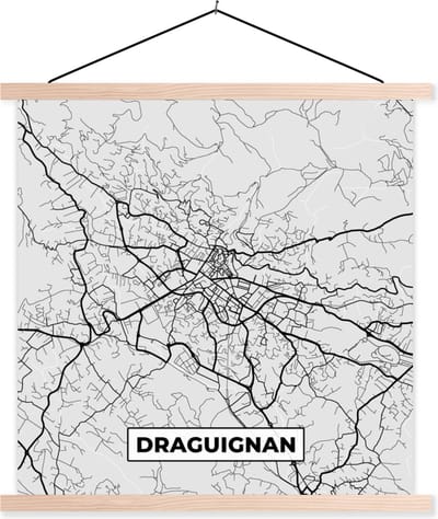 Posterhanger incl. Poster 40x40 cm - Schoolplaat - Frankrijk – Plattegrond – Kaart – Draguignan – Stadskaart - Textielposter - Blanke latten - Stadskaart