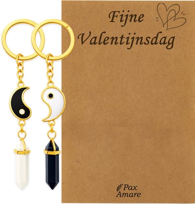 Koppel Sleutelhanger voor 2 'Fijne Valentijnsdag' - Yin Yang met Edelsteen - Sleutelhanger set op Cadeau Kaartje - Goudkleurig - Vriendschap of Relatie Symbool - Pax Amare