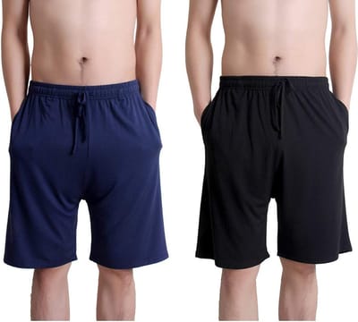 Comfortabele Herenshorts in Twin Pack, Modal Lounge- en Nachtkleding, Superzachte Jersey met Zakken, Zwart/Blauw, XL