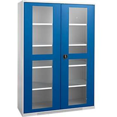 Schäfer Shop Genius dubbeldeurskast FS, staal, kijkvenster, ventilatieopeningen, B 1343 x D 620 x H 1950 mm, 5 OH, aluminium wit/ gentiaanblauw, tot 750 kg