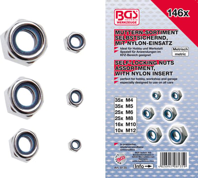 BGS - Borgmoeren - Moeren - Assortiment - verschillende maten - M4 - M6 - M8 - M10 - M12 - Metrisch - 146-delig - BGS8135
