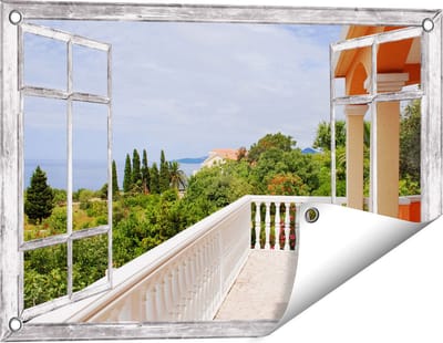 Gards Tuinposter Doorkijk Terras in Toscane - 60x40 cm - Tuindoek - Tuindecoratie - Wanddecoratie buiten - Tuinschilderij