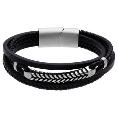 Lucardi - Heren Stainless steel herenarmband gevlochten leer zwart - Armband - Staal - Zwart - 21 cm