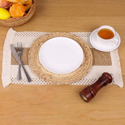 Candala Handgemaakte Boho Placemats Set van 6 - Natuurlijke Katoen Jute en Water Stro Geweven Combinatie Tafelmatten, Macramé Decor en Boerderij Stijl Placemats, voor Eettafel Keuken