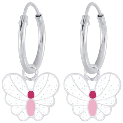 Joy|S - Zilveren vlinder bedel oorbellen - glitter wit met roze - oorringen