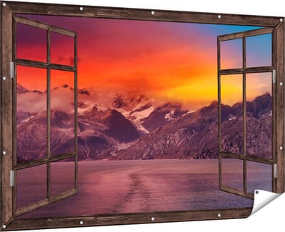 Gards Tuinposter Doorkijk Meer bij de Bergen bij Zonsondergang - 180x120 cm - Tuindoek - Tuindecoratie - Wanddecoratie buiten - Tuinschilderij