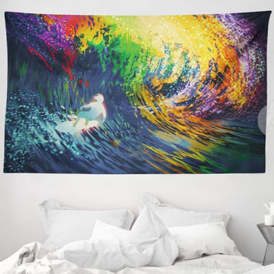 ABAKUHAUS Modern Wandtapijt, Exotische Surfers in Oceaangolven, 230 x 140 cm, Multicolor