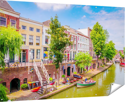 Gards Tuinposter Huisjes aan de Oudegracht in Utrecht - 180x120 cm - Tuindoek - Tuindecoratie - Wanddecoratie buiten - Tuinschilderij