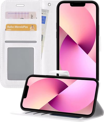 Hoesje - Met Pasjeshouder - Geschikt voor Apple iPhone 13 Mini - Luxe Bookcase Portemonee - Flip Case - Kunstleer Book Case - Flipcase - Book Cover - Walletcase - Portemonneehoes - Telefoonhoesjes - Wit