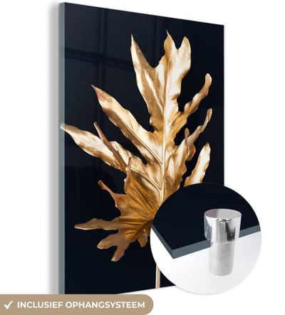 MuchoWow® Glasschilderij 120x160 cm - Schilderij acrylglas - Bladeren - Goud - Herfst - Natuur - Luxe - Foto op glas - Schilderijen