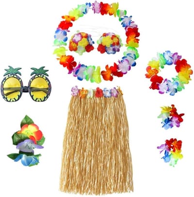 Tropisch Hawaii Dancer Kostuum Set met Bloemen Bikini Top, Lei, Hibiscus Haarclip en Ananas voor Feest, Zomer en Strandactiviteiten