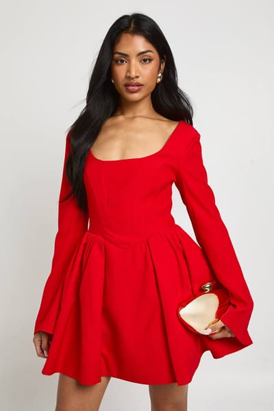 boohoo Dames Gestructureerde Corset Skaterjurk | Red | Maat: 16