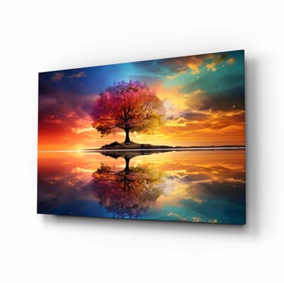 Glasschilderij – Kleurrijke Boom – Reflectie – Zonsondergang – Moderne Wanddecoratie – 110×70 cm