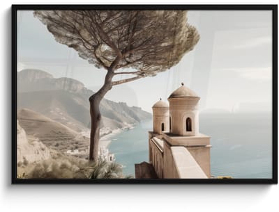 Poster in lijst - Fotolijst 120x80 cm - Posters - Kust - Klif - Boom - Gebouw - Posterlijst zwart - Decoratie - Wanddecoratie woonkamer - Muurdecoratie slaapkamer