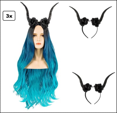 3x Diadeem met hoorns en bloem zwart - Halloween heks horror festival griezel thema