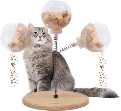 Katten Traktatie Bal - Interactieve Voerbal - Voedsel Dosering - Draaibare Houten Basis - 19x19x27cm - Niet gespecificeerd
