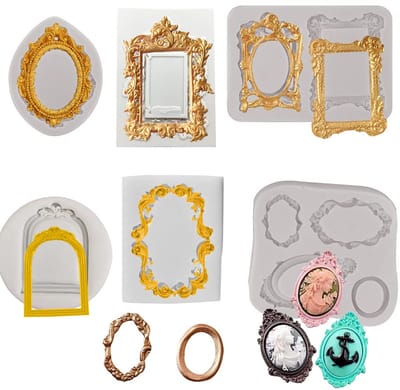 6 STKS Vintage Frame Siliconen Mal, Barokke Stijl Fondant Cake Decorating Mal, 3D Curlicues Scroll Kant Fotolijst Mallen voor Suiker Gom Pasta Chocolade Koekjes Hars Polymeer Klei