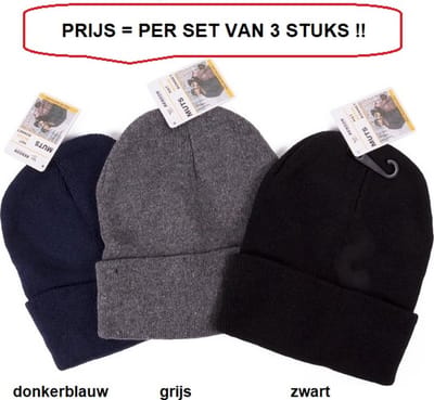 Muts heren - dames - beanie - winter - zwart - grijs - donkerblauw - set van 3 stuks