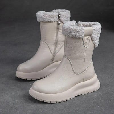 Sneeuwlaarzen Echt Leer Pluche Warm Effen Kleur Dikke Zool Dames Halve Kuit Korte Laarzen 35 beige