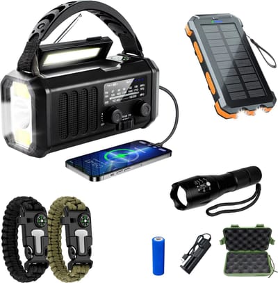 Noodradio met Powerbank & Zaklamp - Solar Opwindbaar - Alles-in-één: Nieuws, Stroom & Verlichting - Solar Powerbank 10.000 mAh - Zaklamp Noodpakket - Overlevingspakket - Opwindbare Noodradio Draagbaar