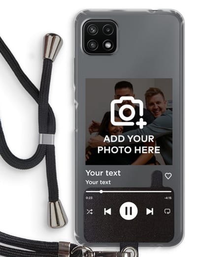 Gepersonaliseerd - Case Company® - Hoesje met koord geschikt voor Samsung Galaxy A22 5G hoesje met Koord - Music Player - Telefoonhoesje met Zwart Koord - Bescherming aan alle Kanten en Over de Schermrand