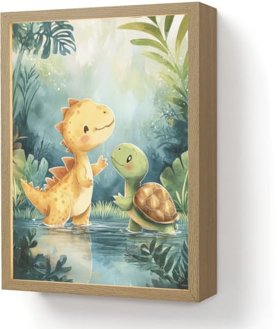 Nachtlampje 30x40 cm - Kinder lamp - Dinosaurus - Schildpad - Illustratie - Aquarel - Tafellamp kinderkamer draadloos - Slaapkamer lampje - Bedlamp kinderen - Kinderlampje - Wandlamp babykamer - Nachtlampjes