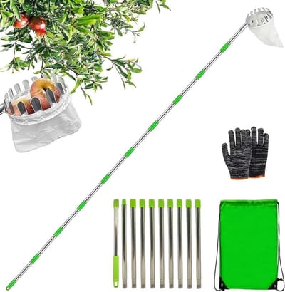 420 cm RVS Fruitplukker met Verlengbare Steel, Ideaal voor Kersen en Appels, Tuin Gereedschap met Afneembare Picker en Tas voor Eenvoudig Fruit Plukken