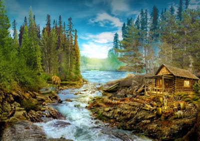 Enjoy Puzzle legpuzzel A Log Cabin by the Rapids - 1000 stukjes volwassenen.