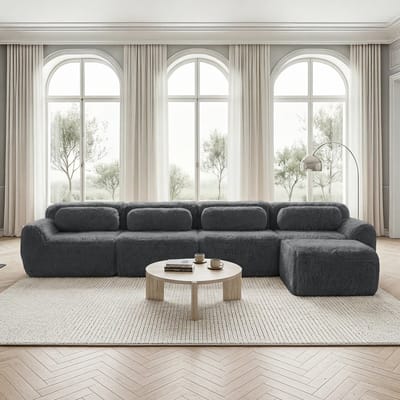 L-vormige bank voor 4 personen - modulair en veelzijdig samen te stellen - geen montage nodig - met kussens - chaise longue ontwerp - grijs