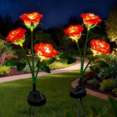 Decoratieve Solar Tuinlampen met Grote Rozen en Breder Zonnepaneel, Waterdicht en Ideaal voor Tuin, Terras en Pad (Rood, Set van 2)