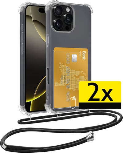 Hoesje Geschikt voor iPhone 16 Pro Telefoonhoesje Met Koord Case Pashouder Siliconen - Hoes Geschikt voor iPhone 16 Pro Hoesje Met Kaarthouder - Transparant - 2 Stuks