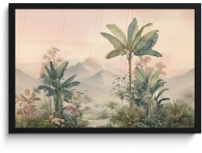 Poster in lijst - Fotolijst 60x40 cm - Posters - Tropisch landschap - palmbomen - Bloemen - Roze lucht - Posterlijst zwart - Decoratie - Wanddecoratie woonkamer - Muurdecoratie slaapkamer