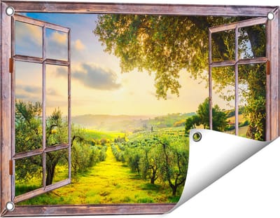 Gards Tuinposter Doorkijk Olijvenbomen - Olijvengaard - 60x40 cm - Tuindoek - Tuindecoratie - Wanddecoratie buiten - Tuinschilderij