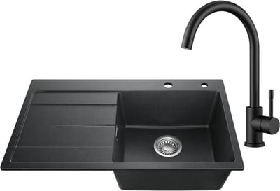 SOFETIY MAX Granieten Spoelbak 78x45CM Zwart - Spoelbakken Keuken Met Keukenkraan - Spoelbak Met Planchet en Afdruiprek - Spoelbakken Incl. Sifon en Afvoerzeefje