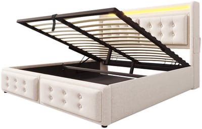 Gestoffeerd tweepersoonsbed van 140x200 mm met LED-hoofdbord en USB-C-oplaadfunctie, hydraulisch matras, lattenbodem en metalen frame, draagvermogen 300 kg, beige, katoen (matras inbegrepen).
