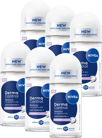 NIVEA Derma Control Restore Anti-Transpirant Deo Roller - 72 uur bescherming - Deodorant met Hyaluronzuur - Voordeelverpakking - 6 x 50ml