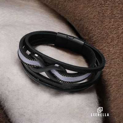Leerella Leren Unisex Armband Zwart met Grijs met Infinity-Symbool – Stijlvol, Tijdloos en Betekenisvol - 21 cm