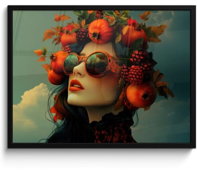 Poster in lijst - Fotolijst 70x50 cm - Posters - Vrouw - Granaatappel - Herfst - Zonnebril - Posterlijst zwart - Decoratie - Wanddecoratie woonkamer - Muurdecoratie slaapkamer