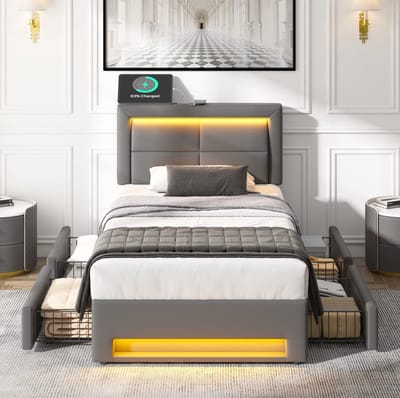 MEUNIQ gestoffeerd eenpersoonsbed 90x190 cm met USB-oplaadpunt, draadloos en bekabeld laden, LED-verlichting, 4 lades, lattenbodem, zonder matras, grijs
