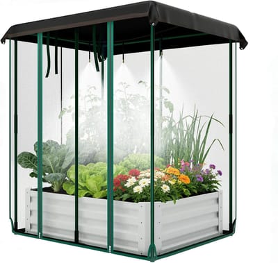 Verhoogd Tuinbed - Kweekkas Kooi - Planten Beschermen - Geïntegreerd Irrigatiesysteem - 3-in-1 - Beige
