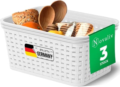 Novaliv Set van 3 voedselveilige manden Keukenopslag 2L Wit plastic rotanlook Keukenopslag & Organisatie BPA-vrije voedselopslagdoos voor theezakjes Snacks Specerijen