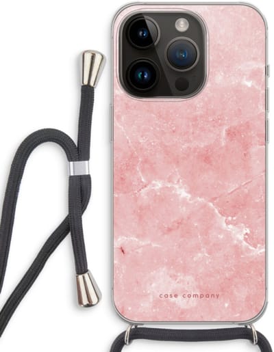 Case Company® - Hoesje met koord geschikt voor iPhone 14 Pro hoesje met Koord - Roze marmer - Telefoonhoesje met Zwart Koord - Bescherming aan alle Kanten en Over de Schermrand