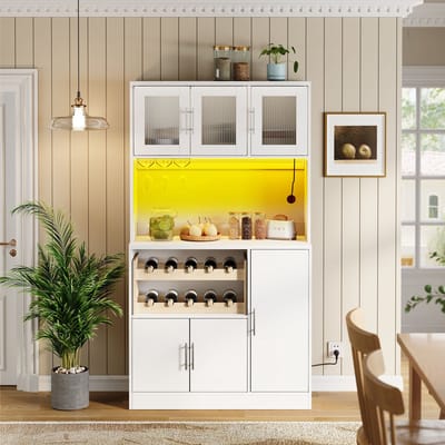 Pugsdrly Kitchen Pantry Cabinet, witte keukenkast met RGB-LED en stopcontact, hoge voorraadkast met wijnglashouder & wijnrek, moderne keukenkast met glazen deuren, 100x40x180 cm