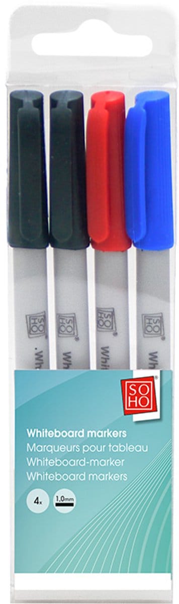 SOHO Whiteboardmarker set - Puntdikte 1mm – Marker voor Whiteboard – 4 stuks - Zwart/Blauw/Rood/Groen