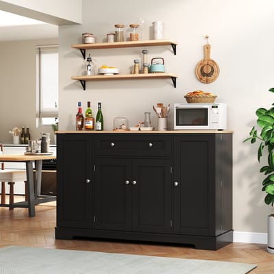 REDOM Multifunctioneel keukenbuffet 138 cm – zwart MDF, lade, verstelbare planken, deurvakken & anti-kantelbeveiliging
