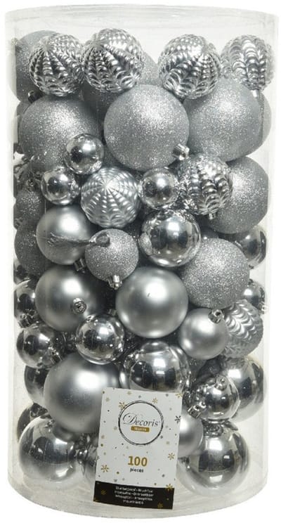 Decoris Kerstballen - 100x stuks - zilver - 4-5-6-7-8 cm - kunststof - grote kerstballenset
