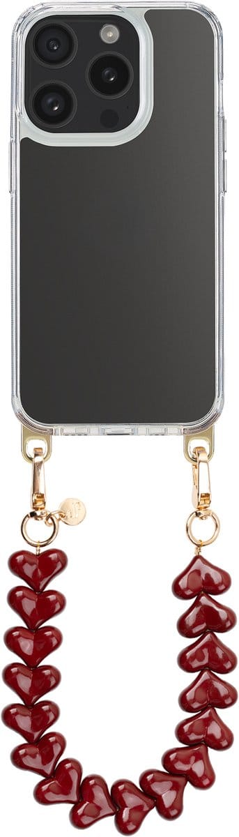 Selencia Transparant Hoesje met Haakjes inclusief Hartjes Polskoord - Geschikt voor Apple iPhone 15 Pro - Burgundy