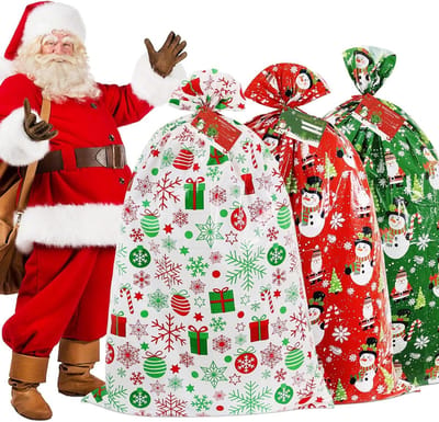 Kerst Cadeauzakken - Grote Geschenkzakken - Feestelijke Geschenkverpakking - Inclusief Kaarten Touw - 3 stuks 91x142cm - Rood Groen Wit