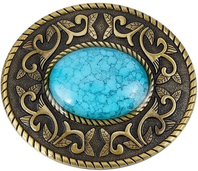 Dailygoody - Turquoise riemgesp - Antiek zilveren gespen - Vintage stijl - Ovaal met bloem - Heren riemgesp - 70 x 80 mm - Cowboy elementen